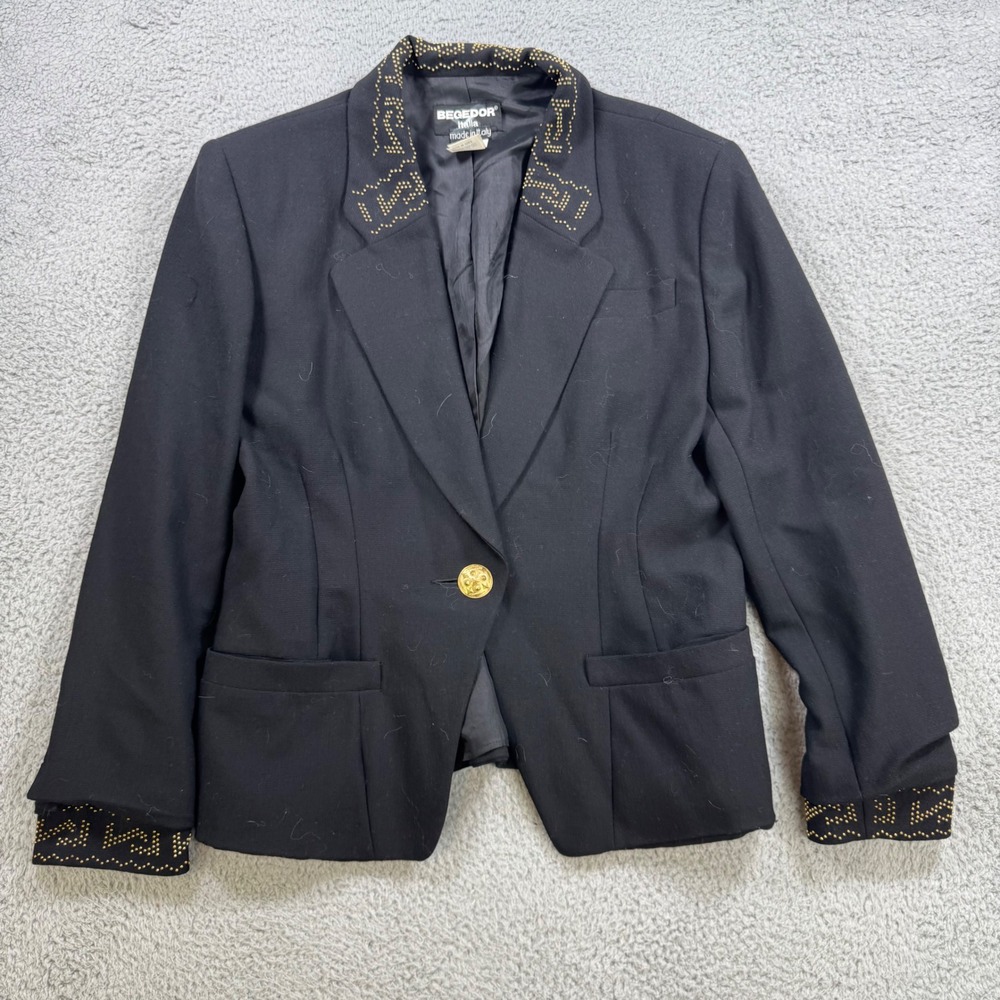 BEGEDOR Italia Blazer Black Wool Gold Studded‎ Collar Cuffs Women's 12